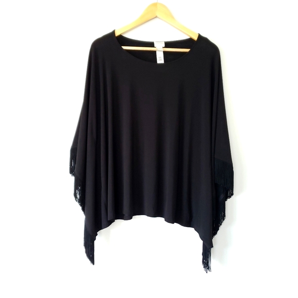 Chico's Sweaters - Chico's Black Cape/Poncho with Fringe Trim (L/XL)